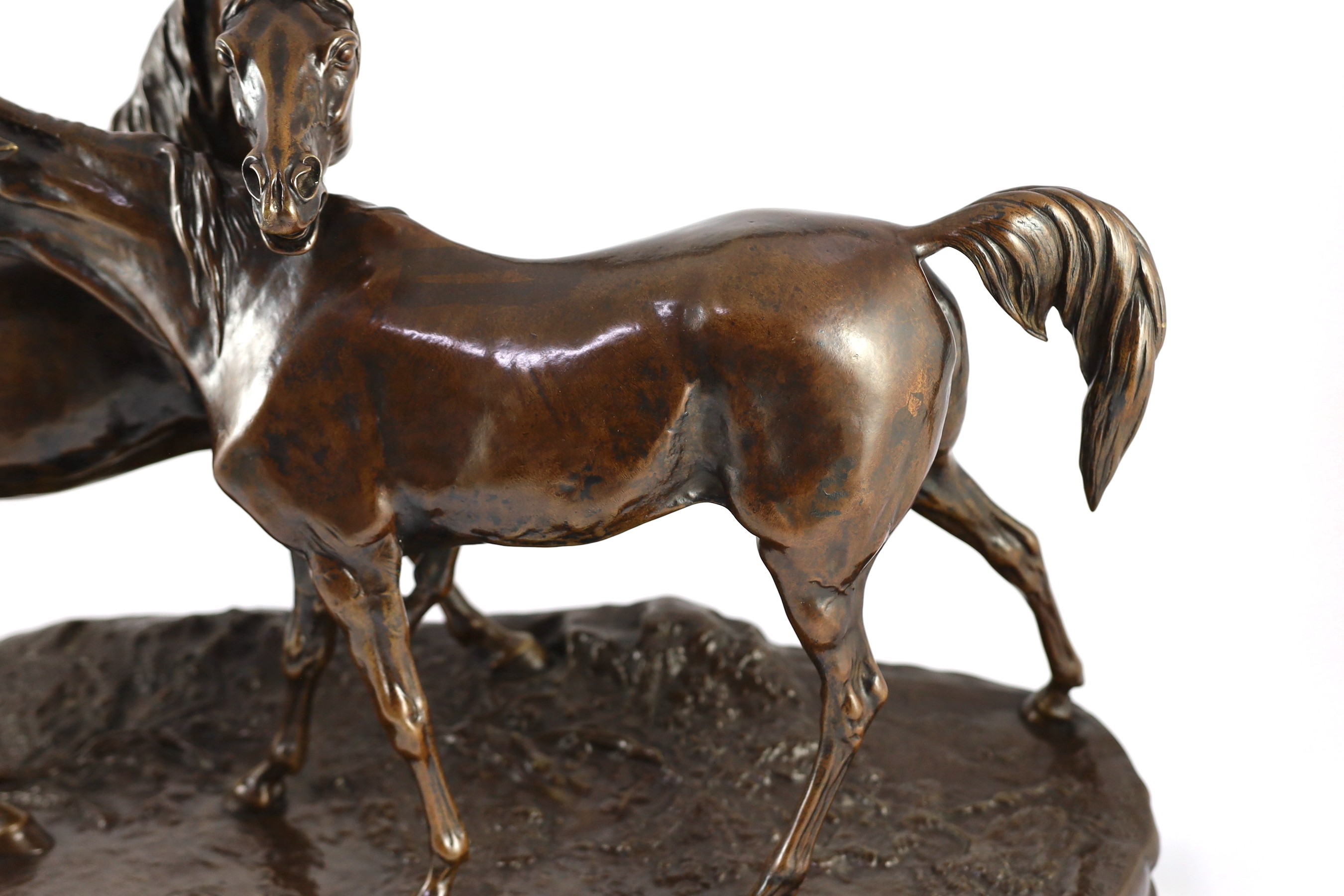 After Pierre Jules Mene (French, 1810-1879). A bronze group; L'Accolade (The Embrace), 44cm high 68cm long